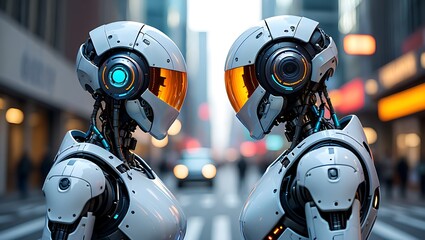 Fototapeta premium Futuristic Cityscape Two Advanced Robots Face-to-Face