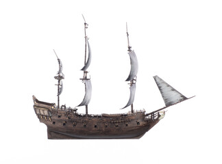 pirate ship with white sails isolated on white background