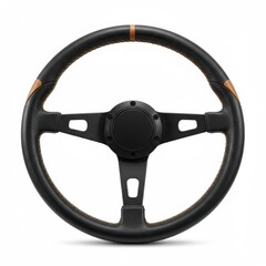 Black leather steering wheel with tan accents isolated on white background