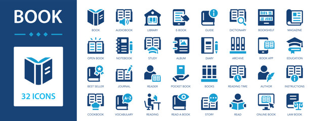 Book flat icons collection. Education, e-book, open book, library, bookshelf sign set.