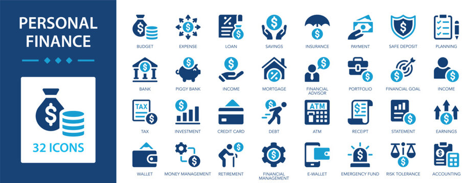 Personal finance flat icons collection. Expense, budget, bank, loan, payment, portfolio, income, tax, credit card, wallet sign set. - Powered by Adobe