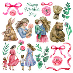 Set of Mothers Day illustrations with mom and baby, spring flowers, animals and modern typography.