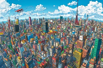 City depicted in a comic pop art style illustration generated by stock