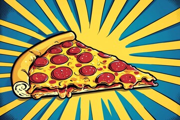 Comic pop art style illustration of pizza, created with generative ai