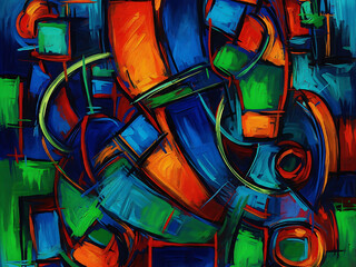 A visually electrifying abstract painting composed of overlapping geometric forms in saturated shades of blue, green, orange, and red. The layered strokes and intersecting lines evoke a sense of movem