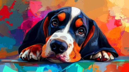 A minimal pop art style painting features an adorable basset hound puppy, created using digital illustration and generative AI