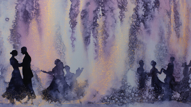 Silhouettes of dancing couples against a purple watercolor background  