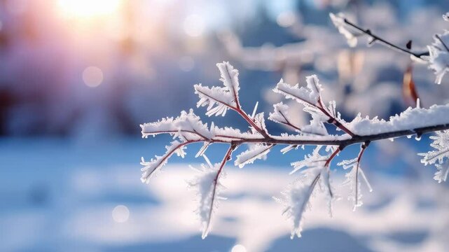 Frozen tree branch covered in ice crystals on a bright winter day with sparkling snow background