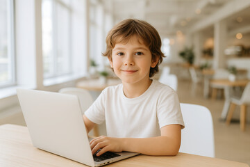 Digital Nomad Kids. Happy child using laptop in bright modern cafe