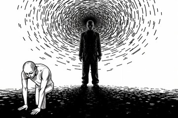 A bald figure crouches tensely in the foreground, while a shadowy figure in a suit stands behind. A swirling vortex of lines dominates the background.