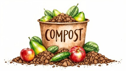 Stylized compost bin labeled 'COMPOST' filled with organic matter, surrounded by fruits, vegetables, and green leaves on a white background.