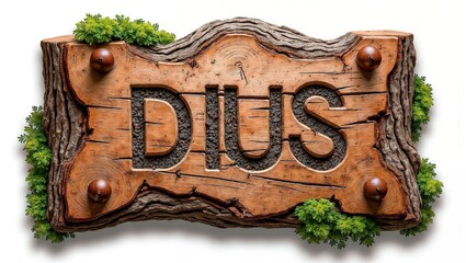 A wooden sign with DIUS carved into it, featuring bark edges, rounded knobs, and green foliage accents on a plain white background.