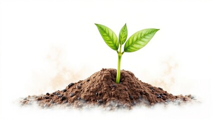 A small green plant with two leaves grows from brown soil scattered with black pebbles, set against a white gradient background with a misty effect.