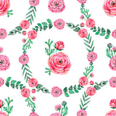 Sweet pink flower watercolor seamless pattern. Soft pastel colors water color seamless pattern for beauty products or other.