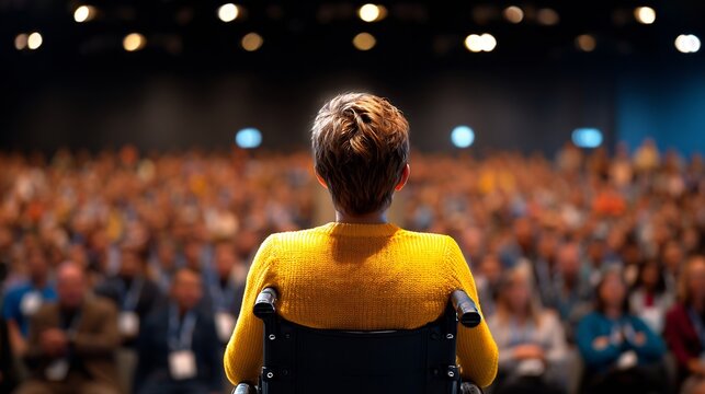 Equality public speaking wheelchair using speaker addressing large diverse audience in conference hall inspirational leadership and representation in communication empowering message delivery