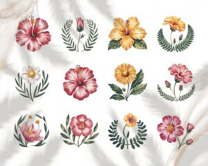 A grid of vibrant floral illustrations featuring hibiscus, daisies, and marigolds in red, yellow, pink, and orange, with soft palm leaf shadows.
