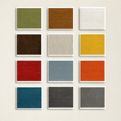 Fototapeta premium Colorful textured fabric swatches arranged in a grid pattern on a light background, showcasing a variety of hues and materials for design inspiration and creative projects