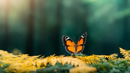 Butterfly on yellow foliage in forest sunlight close up of natural insect wings