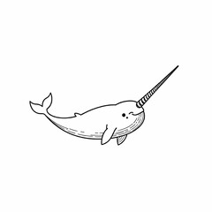 Single vector icon in black and white of a narwhal swimming with its long spiral tusk pointing forward, minimalist line art, no background