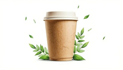 A brown textured coffee cup with a white lid is surrounded by green leaves, set against a clean white background, emphasizing eco friendly themes.