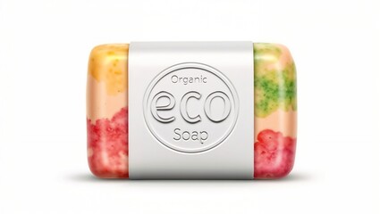 A vibrant marbled soap in red, green, yellow, and orange hues, wrapped with a white band labeled Organic Eco Soap, set against a plain white background.