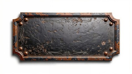 A weathered metal plaque with a distressed black center, ornate engraved border, rounded rivets, and rusted copper like edges, suggesting vintage use.
