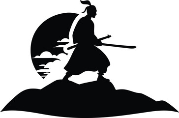 Samurai Warrior Silhouette on Hill with Sword and Sunset Background
