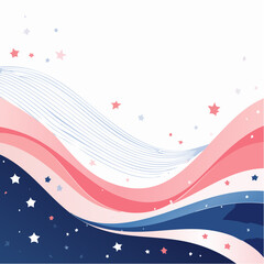 Abstract illustration featuring flowing waves in red, white, and blue colors with stars, representing a patriotic theme for summer celebrations and American Independence Day festivities