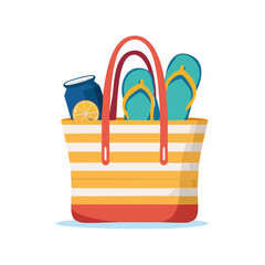 Colorful beach tote bag filled with flip flops and a refreshing drink, perfect for summer outings, showcasing vibrant summer essentials and leisure lifestyle