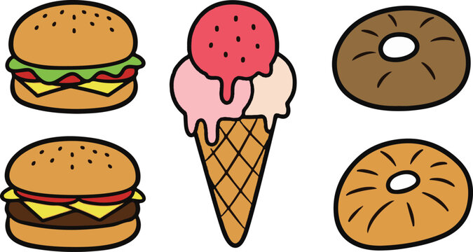  Ice Cream Cone burger begel Cartoon Character Vector