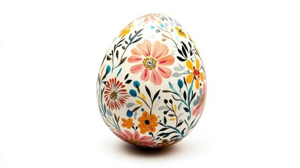 Close up of a decorative easter egg with floral pattern on a white background