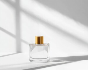 Clear glass perfume bottle with a golden cap against a white background wall