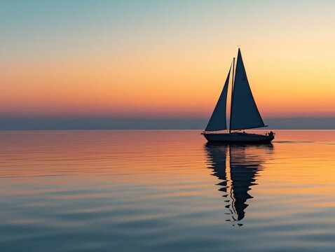 A sailboat sailing on calm water during a vibrant sunset with reflections