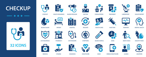 Checkup flat icons collection. Scheduled medical examination of the human body. Health, doctor, check up medicine, hospital, treatment, healthcare, nurse, pills, clinic.