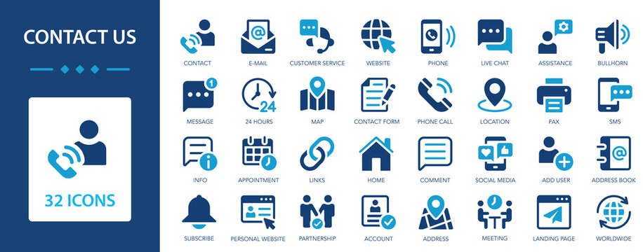 Contact us flat icons collection. Assistance in the operation of services and websites. Phone, support, chat, address, customer service, call.