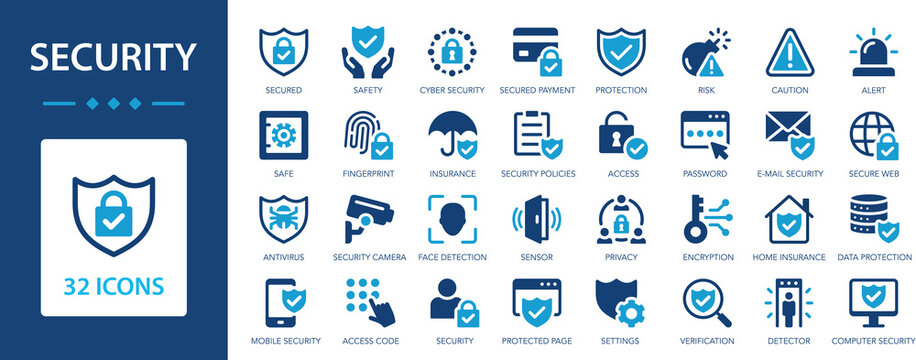 Security icon set. Security and Protection symbol collection. Safety, insurance, cybersecurity, data protection, locked, password.