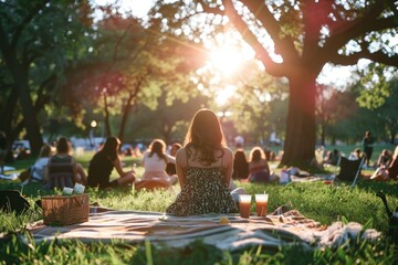 Family enjoying a picnic during golden hour with a warm film glow and crisp details
