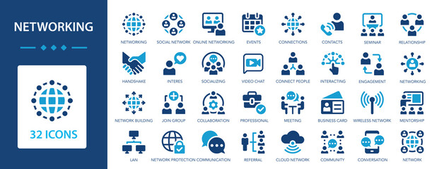 Networking flat icons set. Connection, events, inclusion, referral, community, online networking.