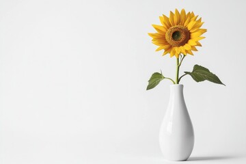 Single sunflower in a white vase against a plain white background studio shot