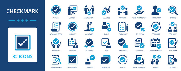 Checkmark icon set. Accept, verified, confirm, approved, agree, selected, checklist.