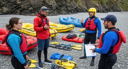 Outdoor adventure: group of young adult caucasian rafting instructors on rocky beach with kayaks