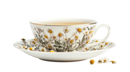 Elegant teacup with saucer filled with chamomile tea and dried flowers floating on the surface isolated on white background 