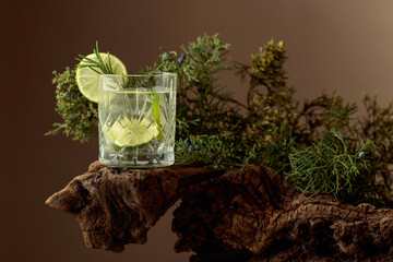 Refreshing hard seltzer with ice, lime, and rosemary on an old snag.