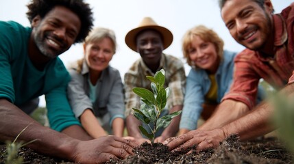 Global equality peace group of people from different continents planting tree together environmental justice and social inclusion outdoor setting hopeful expressions