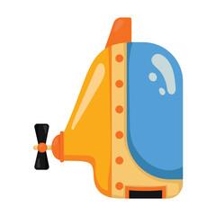 Bright bathyscaphe. Cute yellow submarine in cartoon style. Underwater transport. Vector illustration.