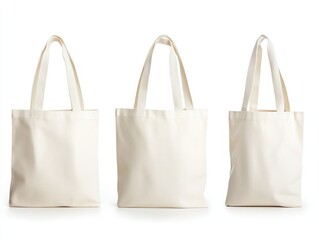 Three white canvas tote bags standing side by side on a white background