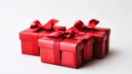 Three red gift boxes with ribbons on a white background close up view