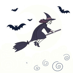 halloween flying witch with broom and bats in sky