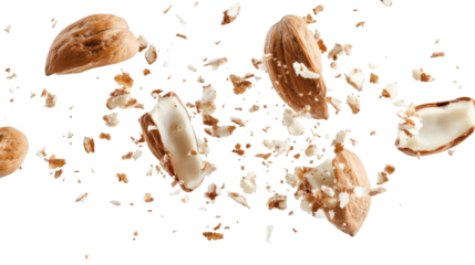 Falling walnut halves with crumbs and cracked shell in midair freeze-frame isolated on white background 