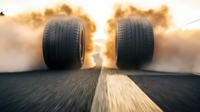 Two tires are on a wet road with smoke coming out of them. The tires are positioned in front of a mountain range